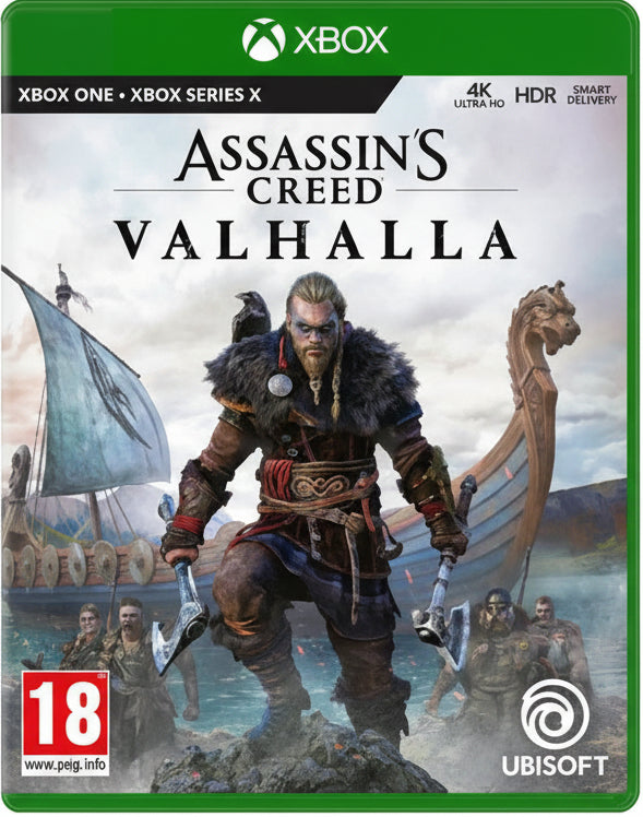 Assassin's Creed Valhalla game cover with character and ships on a green background