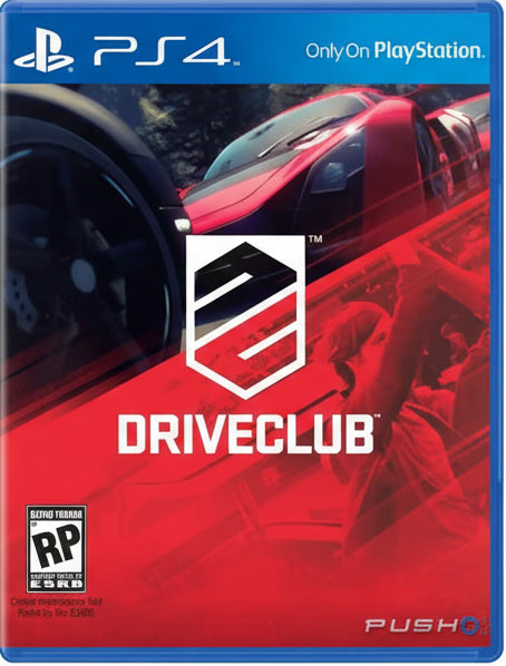 Driveclub game cover for PlayStation 4 with a red sports car and gaming console.