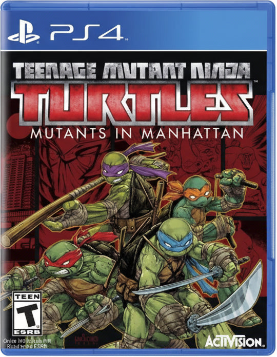 Cover of 'Teenage Mutant Ninja Turtles: Mutants in Manhattan' for PS4 with turtles and Activision logo.