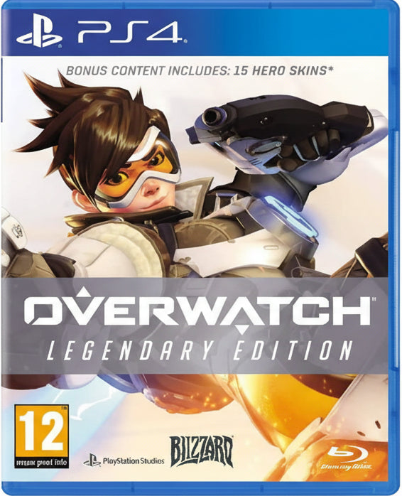Overwatch Legendary Edition game case for PS4 with character artwork and branding.
