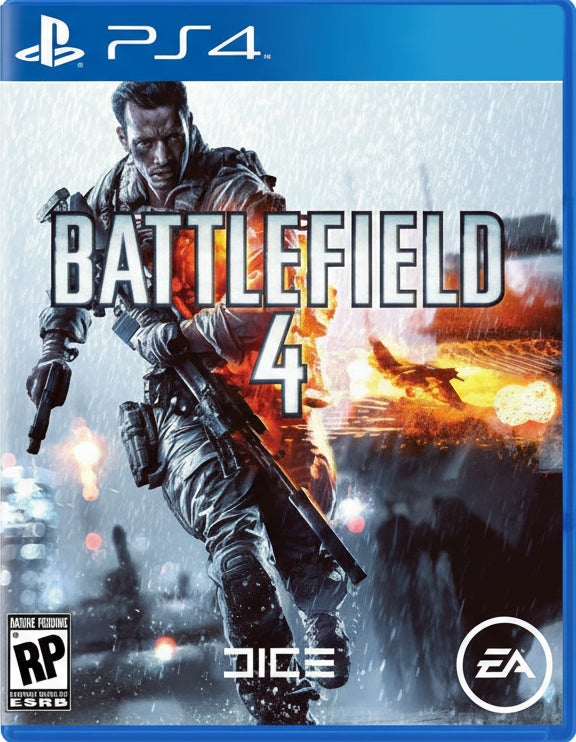 Game cover for 'Battlefield 4' with a soldier holding a rifle, set against a cityscape with explosions.