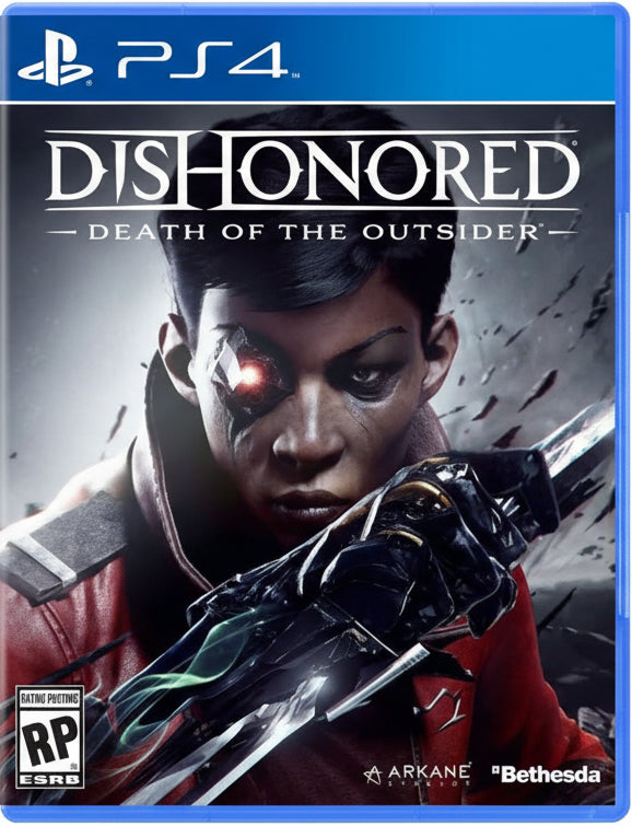 Game cover of 'Dishonored: Death of the Outsider' for PS4 with a character holding a weapon.