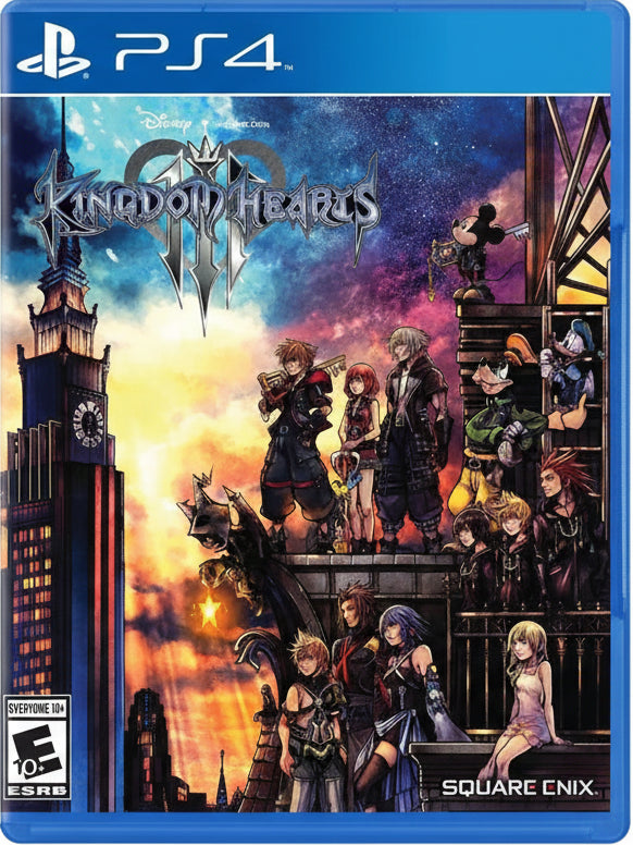 Kingdom Hearts III game cover for PS4 with characters and cityscape background
