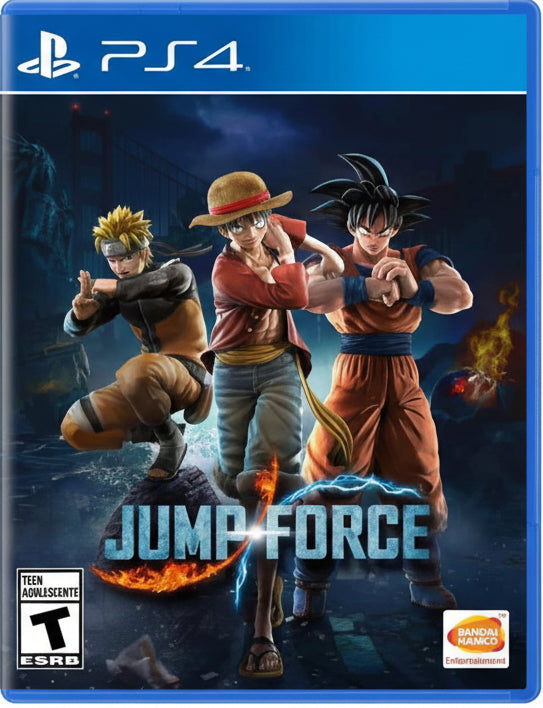 Cover of 'Jump Force' game for PS4 featuring three characters in action poses.
