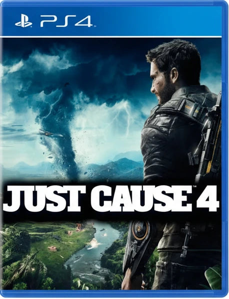 Game cover of 'Just Cause 4' for PS4 with a character facing a tornado and lush landscape.