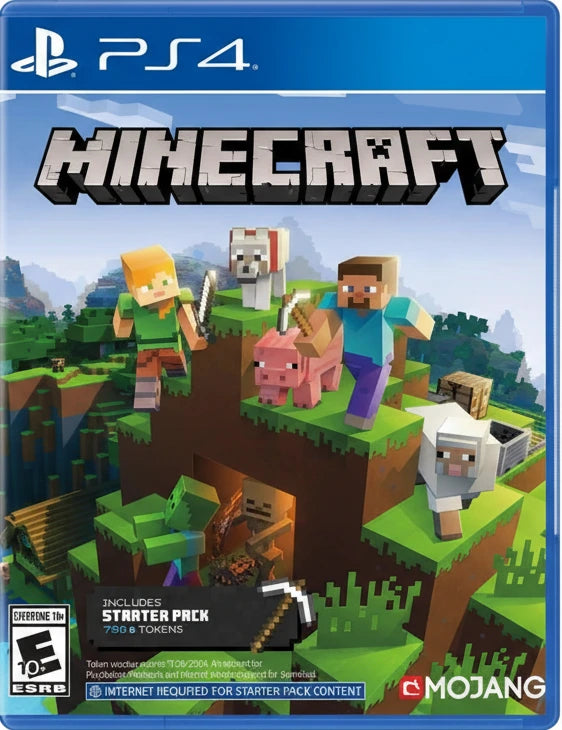 Minecraft PlayStation 4 game cover with characters and animals on a grassy platform.