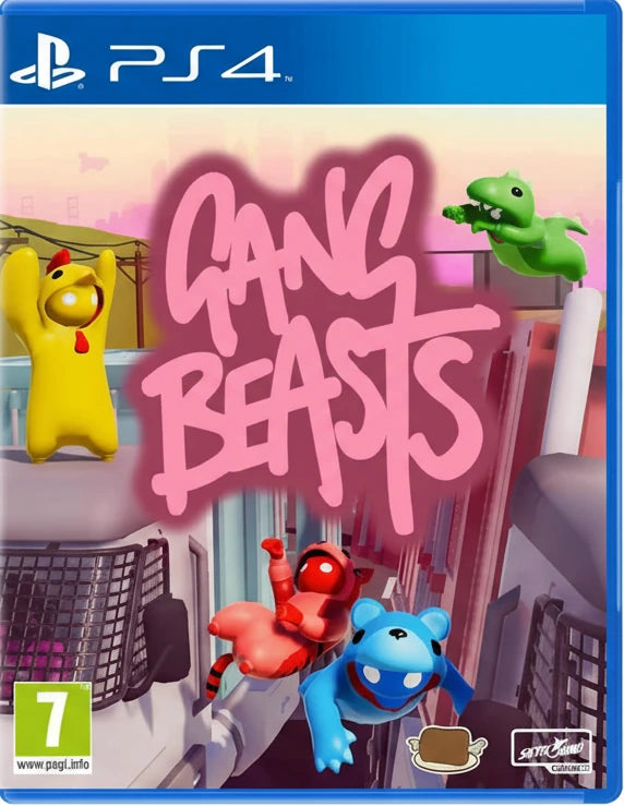 Gang Beasts game cover for PS4 with colorful characters and pink text