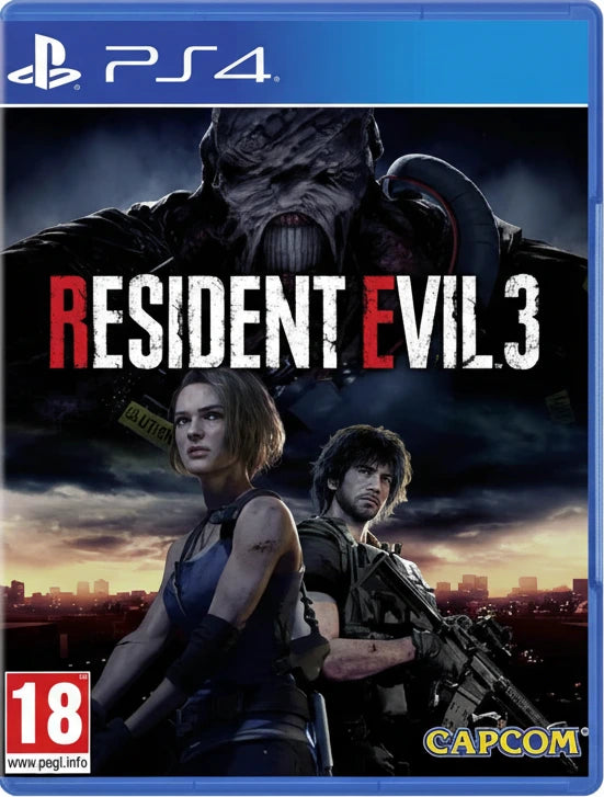 Promotional image for 'Resident Evil 3' on PS4 with characters and Capcom logo.