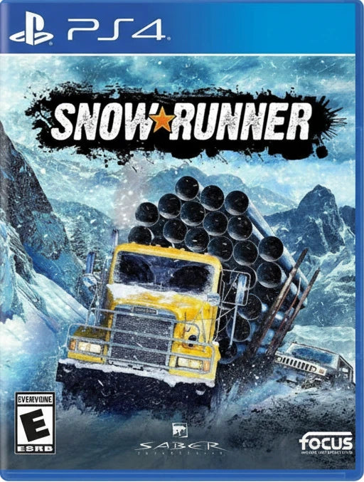 Game cover of SnowRunner for PS4 with a snowy landscape and truck.