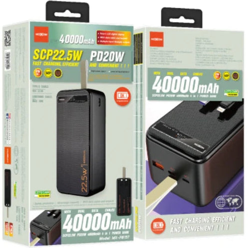 Two packaging designs of a 40000mAh power bank with specifications on a white background.