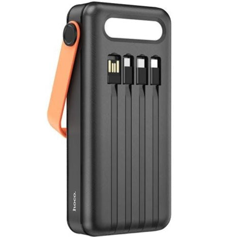 Black portable power bank with orange handle on a white background