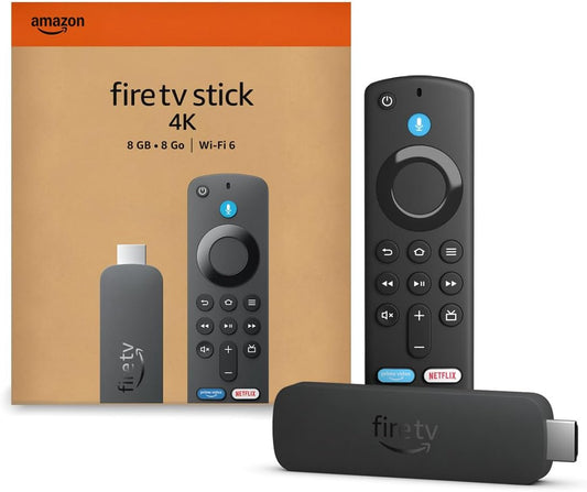 Amazon Fire TV Stick 4K with remote and packaging on a white background