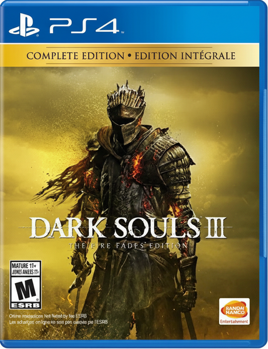Game cover of 'Dark Souls III' for PS4 with a warrior in armor against a golden background.