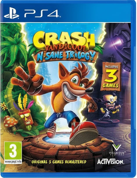 Game cover of 'Crash Bandicoot N. Sane Trilogy' for PS4 with Crash Bandicoot on a colorful background.