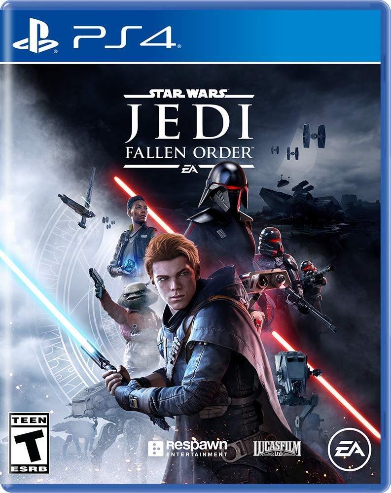 Star Wars Jedi: Fallen Order game cover for PS4 with characters and lightsabers on a dark background.