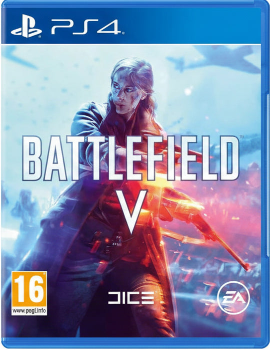 Game cover for 'Battlefield V' on PS4 with a character holding a gun and EA logo.