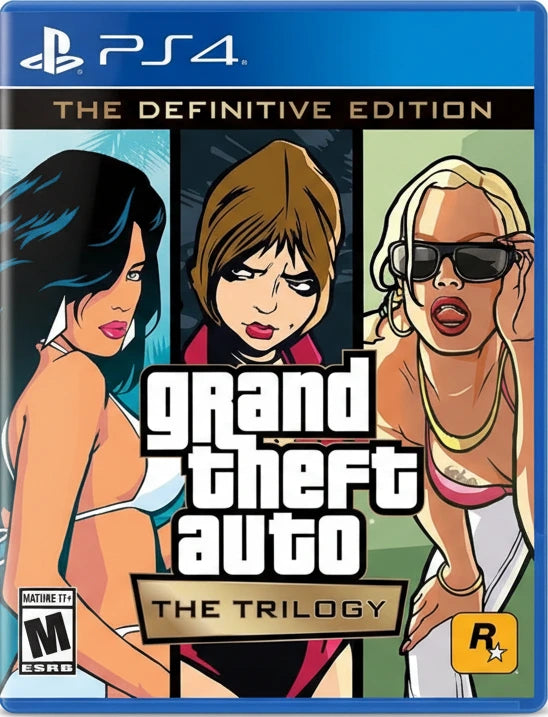 Cover of 'Grand Theft Auto: The Trilogy' for PS4 with cartoon characters and game title.