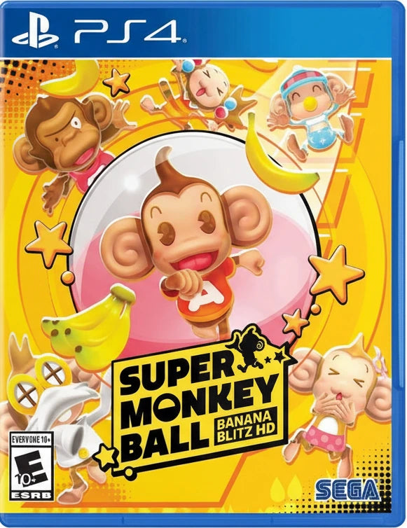 Super Monkey Ball Banana Blitz HD game cover for PS4 with cartoon monkey characters on a yellow background.