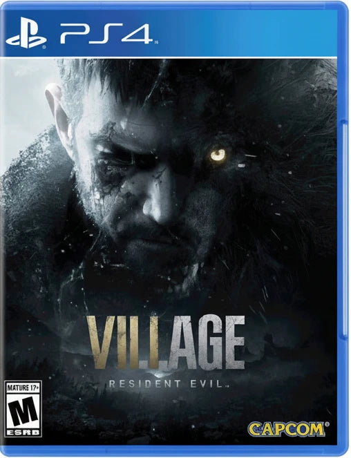 Game cover of 'Resident Evil Village' for PS4 with a dark theme and character's face.