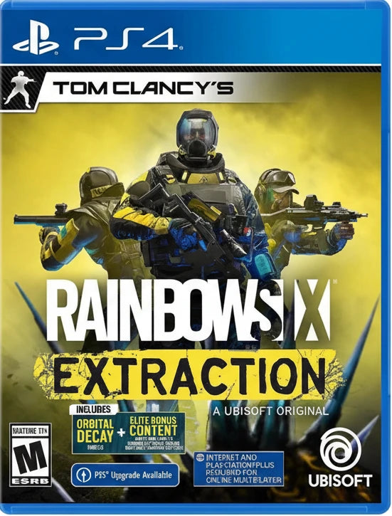 Tom Clancy's Rainbow Six Extraction game cover for PS4 with soldiers and weapons on a yellow background.