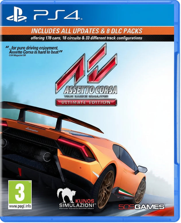 PS4 game cover for 'Assetto Corsa' with orange sports car and game title.