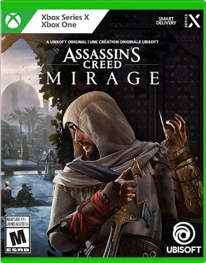 Assassin's Creed Mirage game cover with character and architectural background