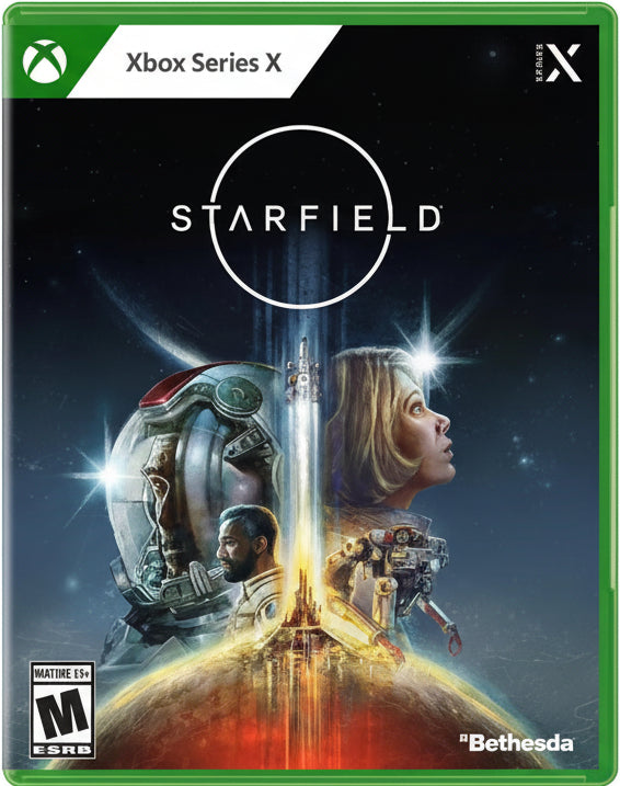 Starfield game cover for Xbox Series X with astronauts and a spaceship.