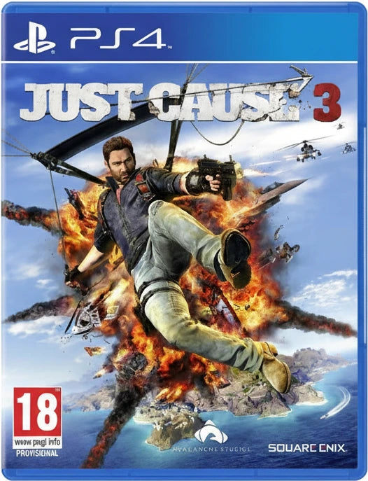 Game cover of 'Just Cause 3' for PS4 with a character in action pose.