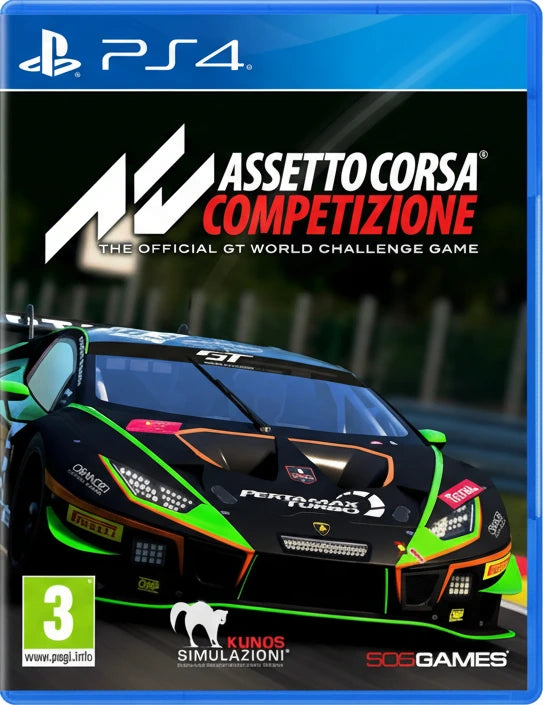 Box art for 'Assetto Corsa Competizione' game on PS4 with a racing car on a track.