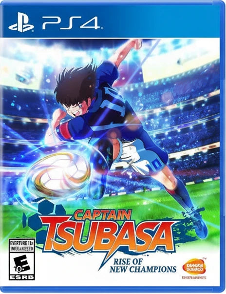 Game cover for 'Captain Tsubasa: Rise of New Champions' on PS4 with a soccer player in action.