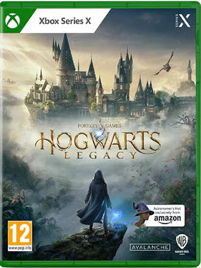 Box art for 'Hogwarts Legacy' game on Xbox Series X with castle and character illustration.
