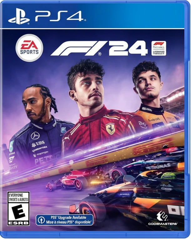 F1 24 game cover for PS4 with three racers and racing cars on a blue background