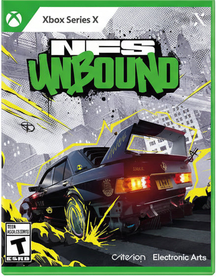Game box for 'NFS Unbound' featuring a car on a cityscape background.
