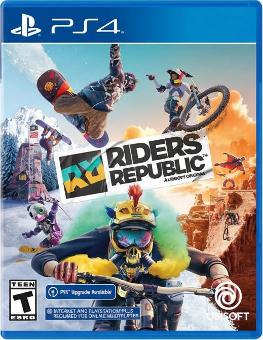Cover of 'Riders Republic' game for PS4 with various athletes performing actions on a mountainous background.