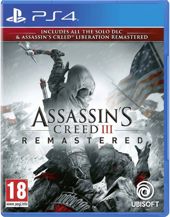Assassin's Creed III Remastered game cover for PS4 with Ubisoft logo.