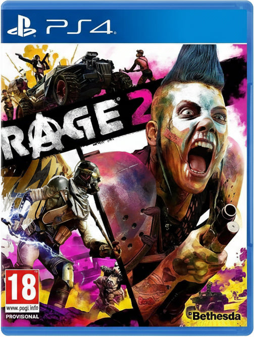 Cover of 'RAGE 2' game for PS4 with a character holding a gun and the Bethesda logo.