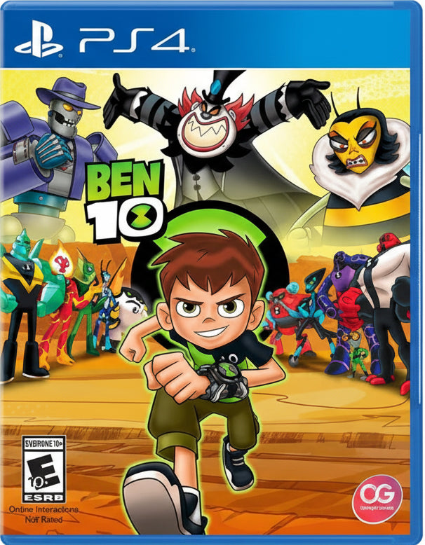 Ben 10 game cover for PS4 with character and alien forms on a yellow background