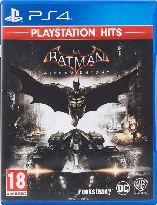 PlayStation Hits Batman Arkham Knight game cover with Batmobile and Batman logo.