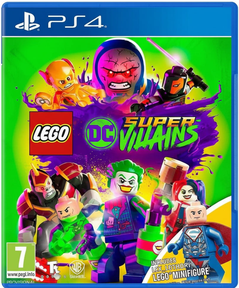 Lego DC Super Villains game cover for PS4 with colorful characters and vibrant design.