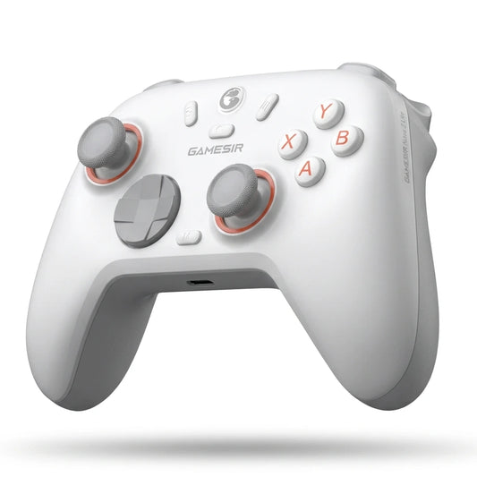 A white GameSir wireless gaming controller with gray analog sticks and orange accent rings, shown on a solid white background.