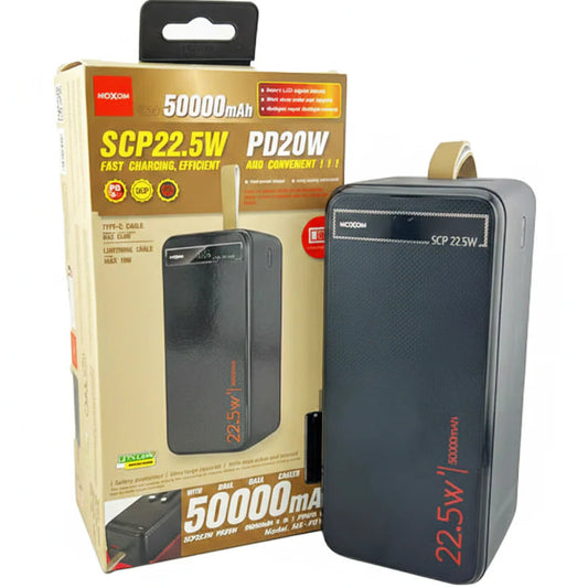 Power bank with packaging displaying specifications on a white background