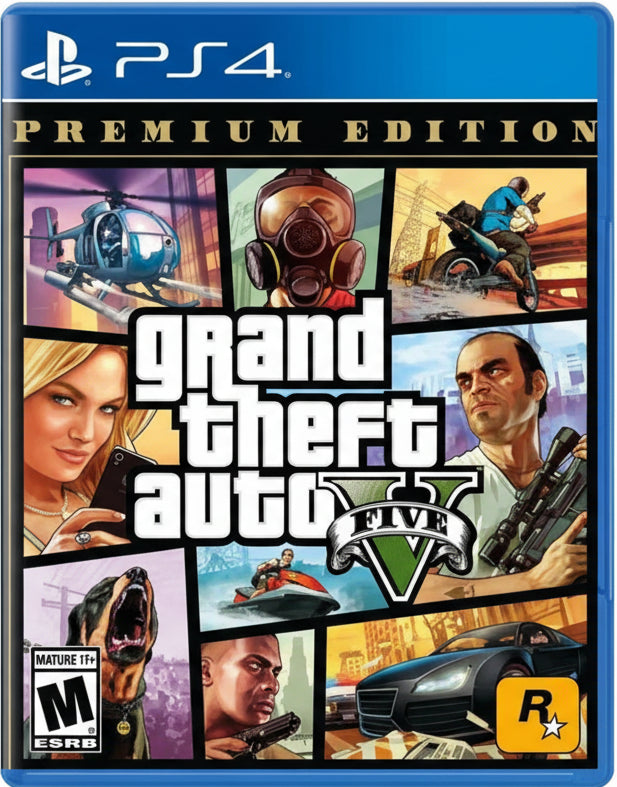 Grand Theft Auto V Premium Edition cover for PS4 with character portraits and game logo.