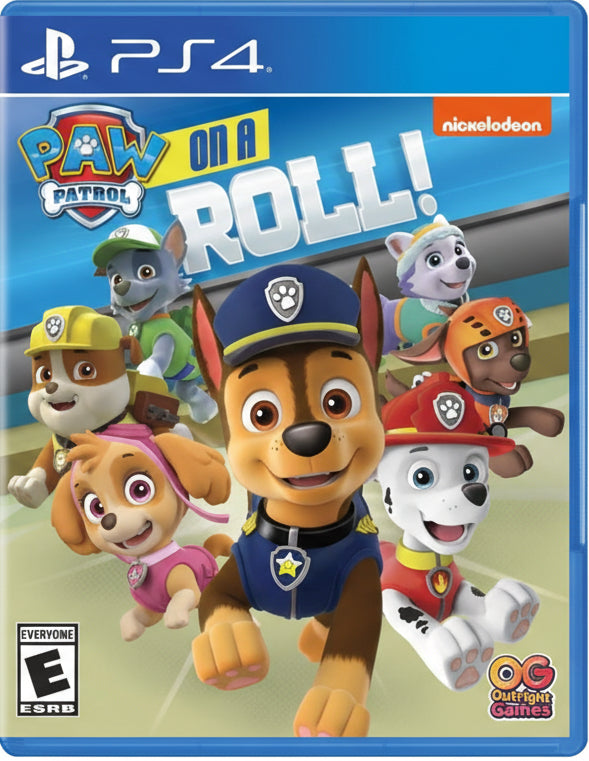 PS4 game cover of 'PAW Patrol: On a Roll!' with cartoon characters on a blue and beige background.
