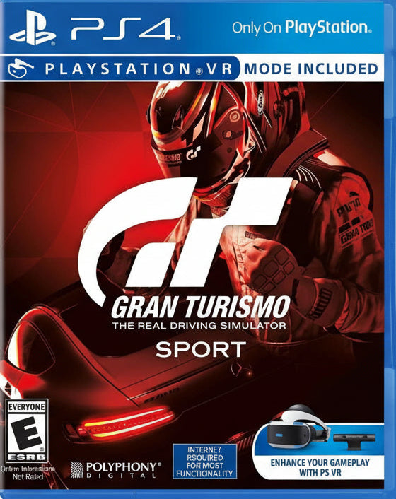Gran Turismo Sport game cover for PlayStation 4 with a driver in a helmet and car.