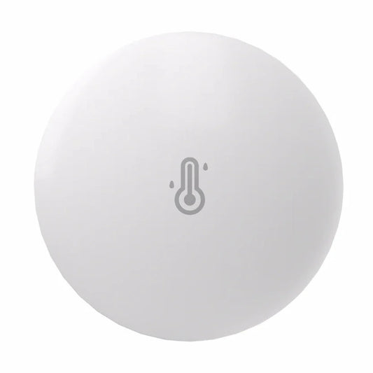 White round device with a thermometer icon on a white background, featuring the Zooz logo.
