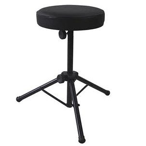 Black adjustable padded drum throne with round seat and tripod legs