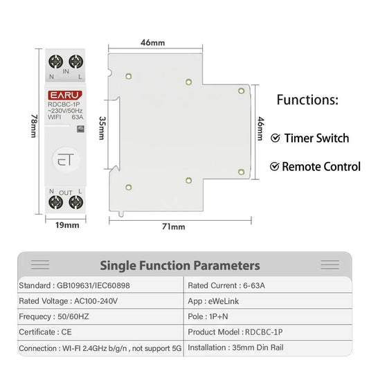 EARU 63A Smart WiFi Circuit Breaker 1P – eWeLink App Control, Alexa & Google Compatible - gametricks