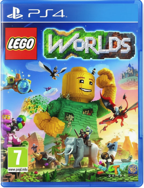 Cover of LEGO Worlds game for PS4 with colorful LEGO characters and world.