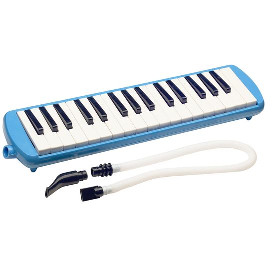 Blue 32-key melodica with flexible tube and mouthpiece