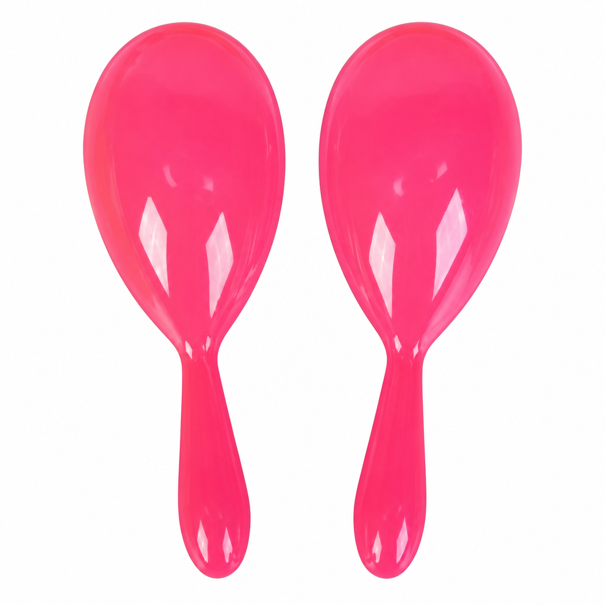 Pair of pink mini plastic maracas, front view on white background